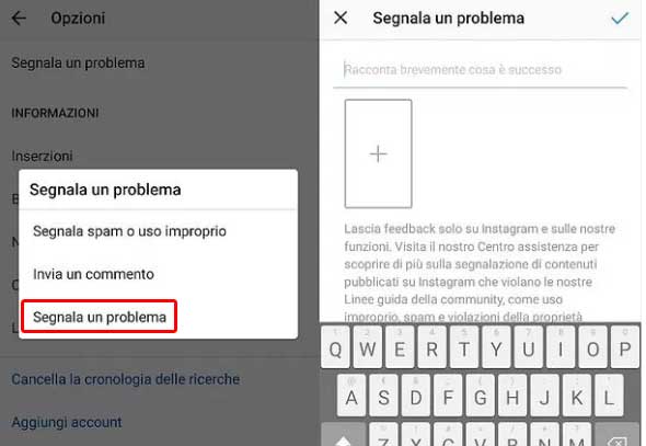 Assistenza Instagram, segnalare problemi tecnici