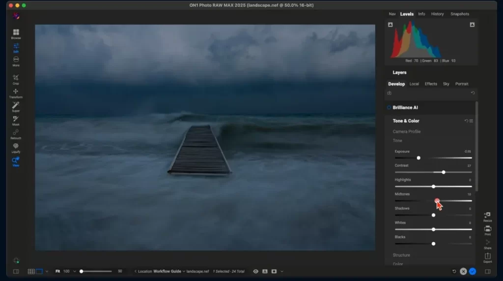 schermata di lavoro del software di editing ON1 Photo Raw