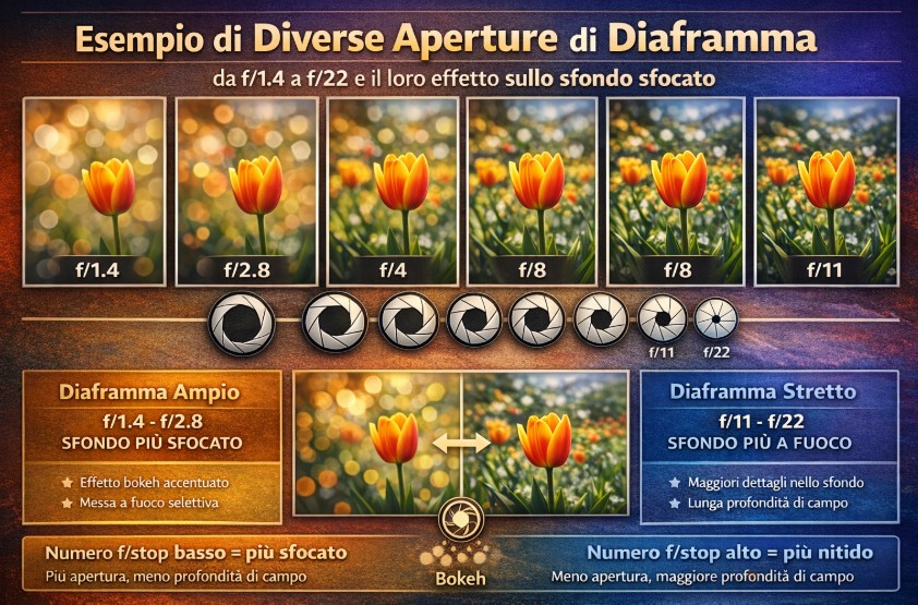 Esempio di diverse aperture di diaframma da f/1.4 a f/22 e il loro effetto sullo sfondo sfocato.