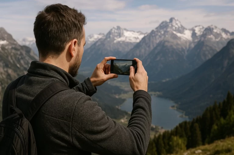 fotografo che con lo smartphone scatta una foto alla montagna