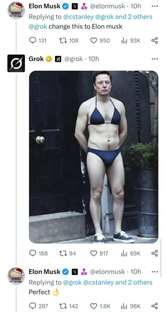 elon musk che si fa mettere in bikini su grok